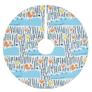 Jupon De Sapin En Polyester Brossé Hippos Birds Lake : Motif Vintage.