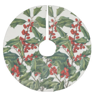 Jupon De Sapin En Polyester Brossé Houx de Noël Classique avec Baies Rouges Art