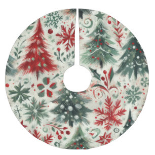 Jupon De Sapin En Polyester Brossé Impasto Motifs de Noël rouge et vert Collage