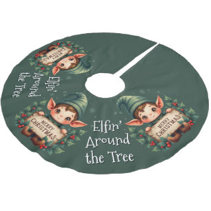 Jupon De Sapin En Polyester Brossé Joli Lutin de Noël Tenant un Panneau Joyeux Vert