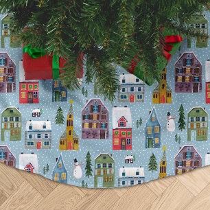 Jupon De Sapin En Polyester Brossé Joli motif de Noël de village de maison d'hiver