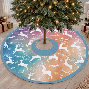 Jupon De Sapin En Polyester Brossé Joli Noël aux rennes répétitifs arc-en-ciel