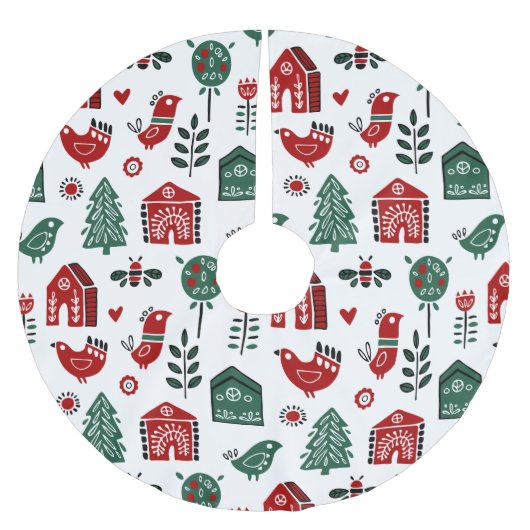 Jupon De Sapin En Polyester Brossé Joli Noël scandinave rouge et vert (Devant)