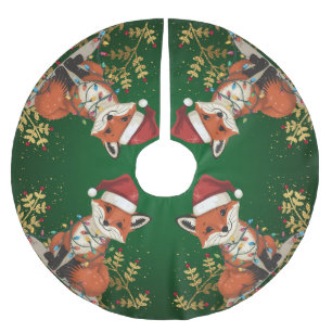Jupon De Sapin En Polyester Brossé Joli renard rouge joyeux arbre de Noël zoo safari 