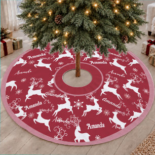 Jupon De Sapin En Polyester Brossé Joli Renne à Nom Répété Rouge Noël