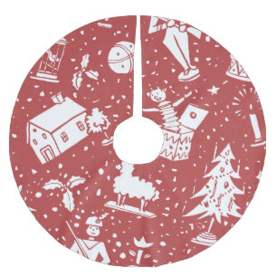 Jupon De Sapin En Polyester Brossé Jouets de Noël vintage sur fond rouge rétro