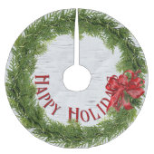 Jupon De Sapin En Polyester Brossé Joyeuses Vacances Serment Avec Bow Rouge Sur Birch (Devant)