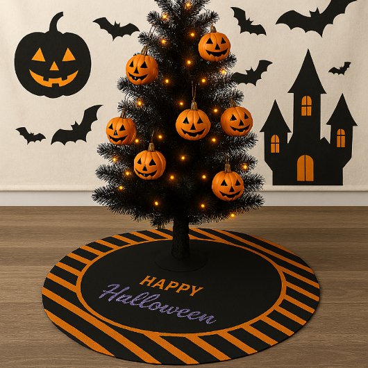 Jupon De Sapin En Polyester Brossé Joyeux Halloween noir et orange