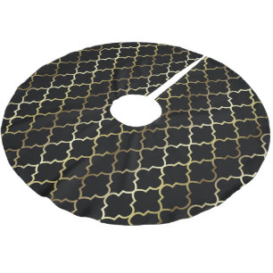 Jupon De Sapin En Polyester Brossé Joyeux Noël en noir et or Quatrefoil
