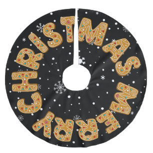 Jupon De Sapin En Polyester Brossé Joyeux Noël Gingerbread Cookie Avec Flocon De Neig