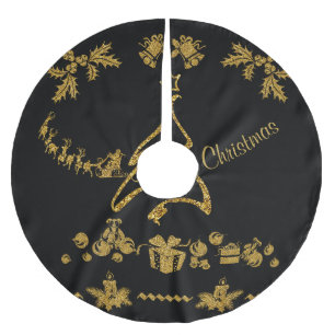 Jupon De Sapin En Polyester Brossé Joyeux Noël Paillettes Dorées, Père Noël