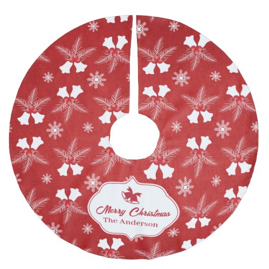 Jupon De Sapin En Polyester Brossé Joyeux Noël Rouge Motif Noël Bell (Devant)