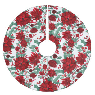 Jupon De Sapin En Polyester Brossé Joyeux rouge Poinsettia Fleurs Feuilles ivoire Aqu