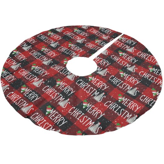 Jupon De Sapin En Polyester Brossé Joyeux Snowman De Noël Sur Buffalo Plaid (Angle)