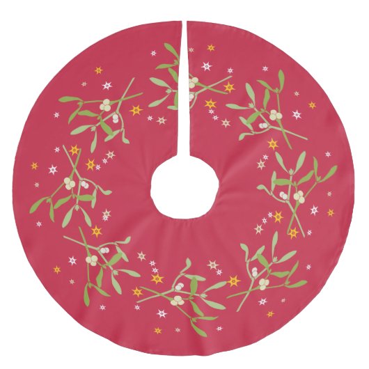 Jupon De Sapin En Polyester Brossé Jupe d'arbre de Noël rouge vert mistletoe (Devant)