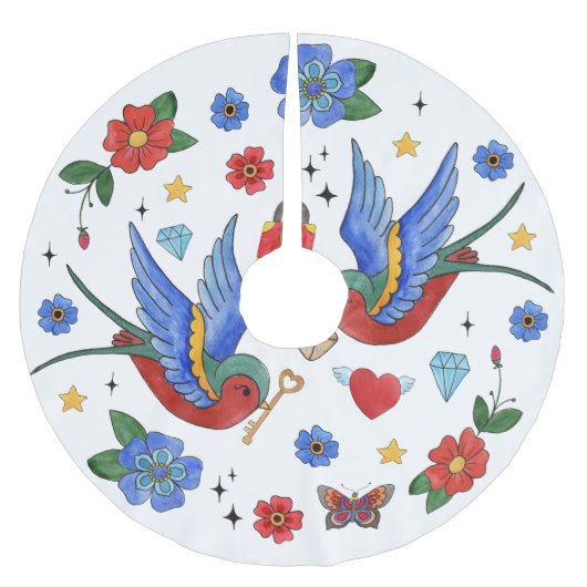 Jupon De Sapin En Polyester Brossé Jupe d'arbre personnalisée Tatouage d'oiseau tradi (Devant)