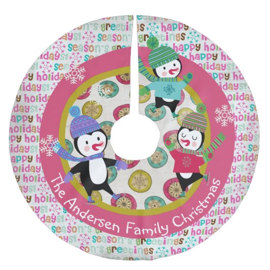 Jupon De Sapin En Polyester Brossé Les pingouins de patinage ont personnalisé la jupe (Devant)