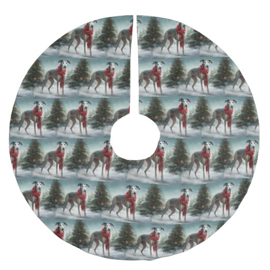 Jupon De Sapin En Polyester Brossé Lévrier dans la neige de Noël (Devant)