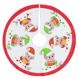 Jupon De Sapin En Polyester Brossé Lutins de Noël mignons sur fond blanc avec cadre r
