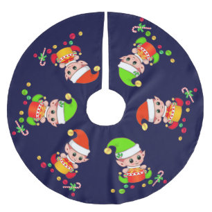 Jupon De Sapin En Polyester Brossé Lutins de Noël mignons sur fond bleu marine