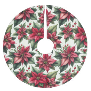 Jupon De Sapin En Polyester Brossé Magnifique motif de Poinsettia rouge pour Noël