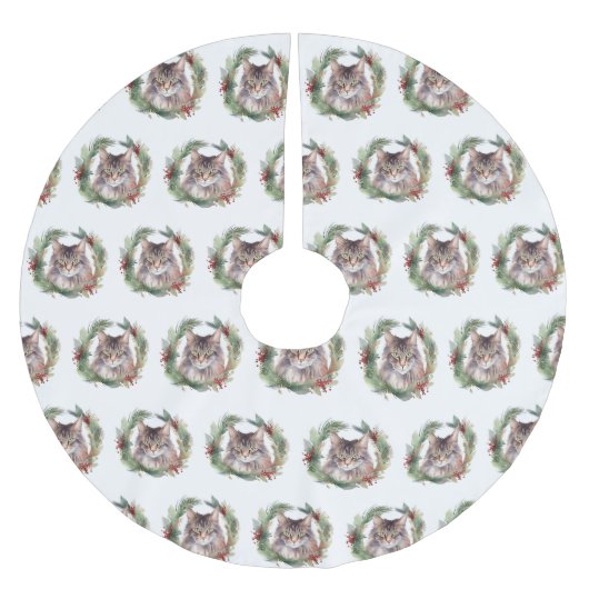 Jupon De Sapin En Polyester Brossé Maine Coon Chat Noël Wreath Festive Kitten (Devant)