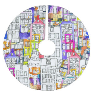 Jupon De Sapin En Polyester Brossé Maisons d'Amsterdam : Aquarelle Motif sans couture