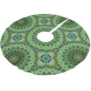 Jupon De Sapin En Polyester Brossé Mandala de plumes de paon Symétrie émeraude et ble