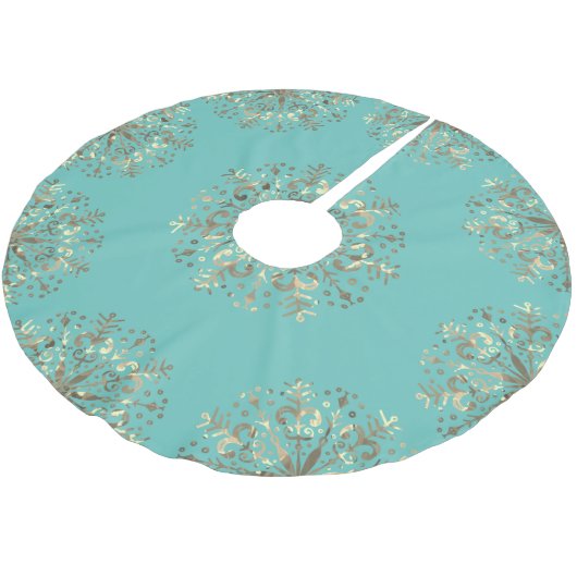 Jupon De Sapin En Polyester Brossé Mandala Snowflake Gold Turquoise bleu (Angle)