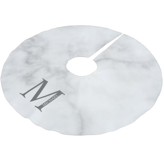 Jupon De Sapin En Polyester Brossé Marbre blanc Monogramme personnalisé et nom (Angle)
