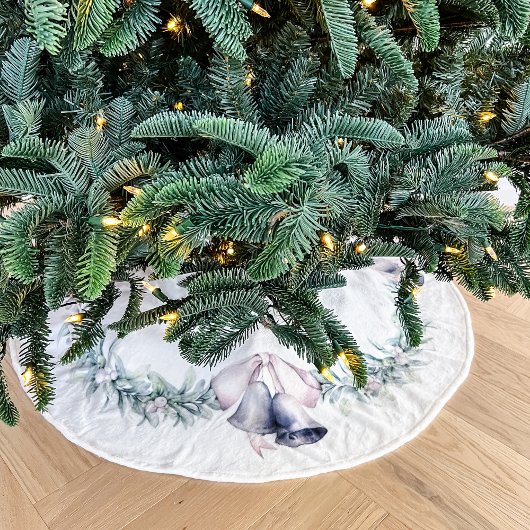 Jupon De Sapin En Polyester Brossé Mistletoe et boules d'argent blanc