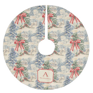 Jupon De Sapin En Polyester Brossé Monogramme au nœud rouge de Noël du village d'hive