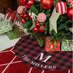 Jupon De Sapin En Polyester Brossé Monogramme de famille à carreaux noir et bordeaux