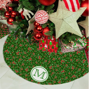 Jupon De Sapin En Polyester Brossé Monogramme personnalisé Green and Red Holly Berry