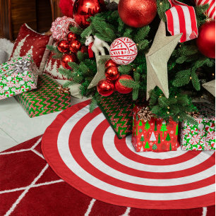 Jupon De Sapin En Polyester Brossé Motif Anneaux Rouges et Blancs