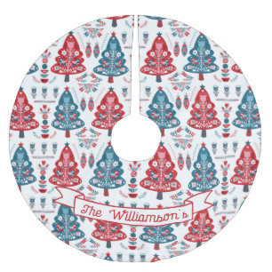 Jupon De Sapin En Polyester Brossé Motif d'arbre de Noël scandinave rouge et bleu