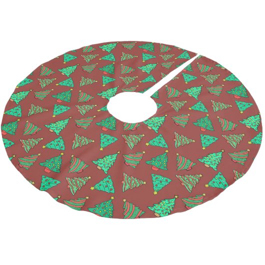 Jupon De Sapin En Polyester Brossé Motif d'arbre de Noël vert | Red (Angle)