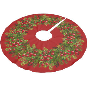 Jupon De Sapin En Polyester Brossé Motif de baies de houx et d'aiguilles de pin vert