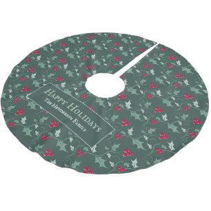 Jupon De Sapin En Polyester Brossé Motif de feuillage de baies vertes et rouges