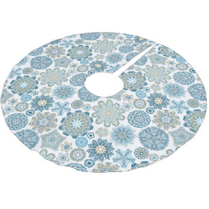 Jupon De Sapin En Polyester Brossé Motif de flocons de neige à fleurs bleu sarcelle a