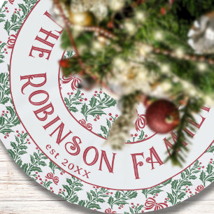 Jupon De Sapin En Polyester Brossé Motif de houx rouge et vert vintage Nom de famille