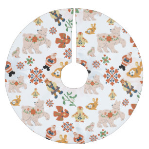 Jupon De Sapin En Polyester Brossé Motif de Noël Fleurs Mignonnes avec le Père Noël