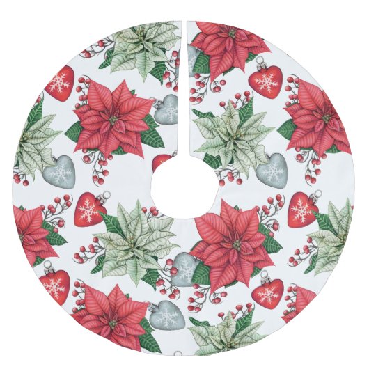 Jupon De Sapin En Polyester Brossé Motif de Noël Poinsettia (Devant)