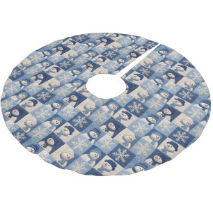 Jupon De Sapin En Polyester Brossé Motif de patchwork Bonhommes de neige et Flocons d