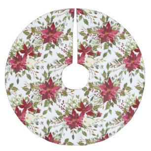 Jupon De Sapin En Polyester Brossé Motif de Poinsettia Rouge sur Fond Blanc