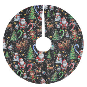 Jupon De Sapin En Polyester Brossé Motif décoratif de Noël sur fond noir