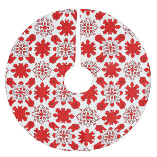Jupon De Sapin En Polyester Brossé Motif festif de flocons de neige rouges et blancs