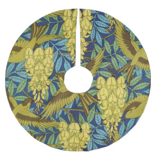 Jupon De Sapin En Polyester Brossé Motif floral vintage bleu marine et jaune