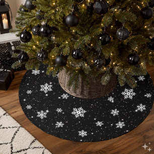 Jupon De Sapin En Polyester Brossé Motif hivernal flocon de neige de Noël noir et bla