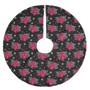 Jupon De Sapin En Polyester Brossé Motif Poinsettia et Gold Cercles